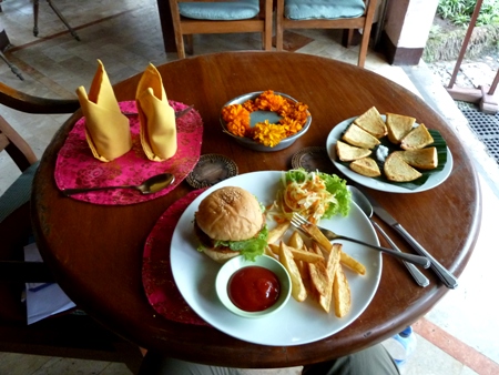 Veggie burger and fries at Bumbu Bali, Ubud, Bali.