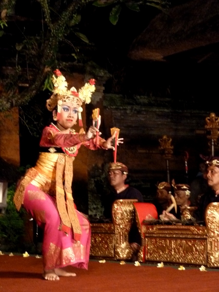 A member of the Panca Artha troupe performs the Legong dance at the Ubud Palace in Ubud, Bali.