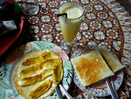 Yummy banana pancakes, toast and pineapple juice at Bedhot in Yogyakarta, Java.