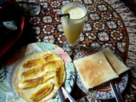 Yummy banana pancakes, toast and pineapple juice at Bedhot in Yogyakarta, Java.