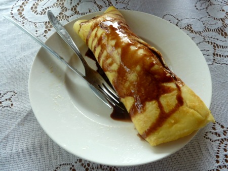 Yummy banana pancake breakfast at the Lotus Losmen in Yogyakarta, Java.