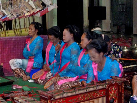 The singers at a Wayang Kulit performance at the Sono-Budoyo Museum in Yogyakarta, Java.