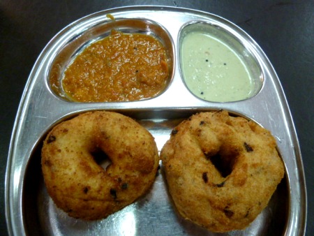 A pair of lentil-donuts at Komas Vilas in Little India, Singapore. A pair of lentil-donuts at Komas Vilas in Little India, Singapore.