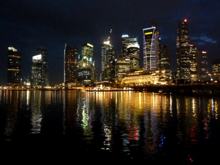 The night skyline of the Financial Centre in downtown Singapore.
