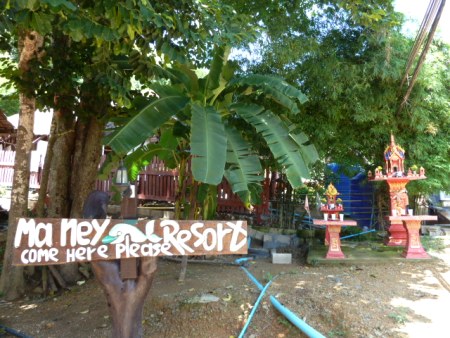 Ma Ney Resort. Come here please! Those are Thai spirit houses on the far right. Ko Phi Phi Don, Thailand.