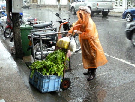 Even an intense downpour can't stop the Bean Lady from strutting her stuff. Phuket Town, Thailand. Even an intense downpour can't stop the Bean Lady from strutting her stuff. Phuket Town, Thailand.