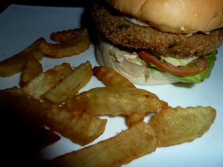 A veggie burger and seven or eight fries at V's Cafe in Mandalay, Myanmar.