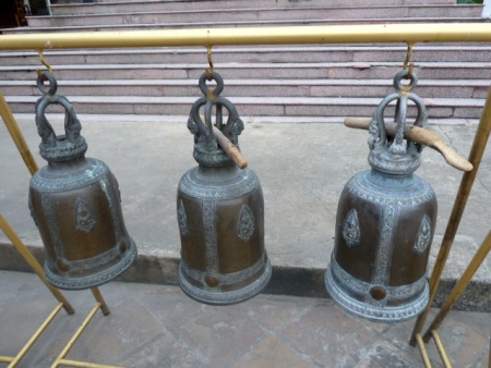 Three little bells at Wat Kanlayanamit in Bangkok, Thailand. Three little bells at Wat Kanlayanamit in Bangkok, Thailand.