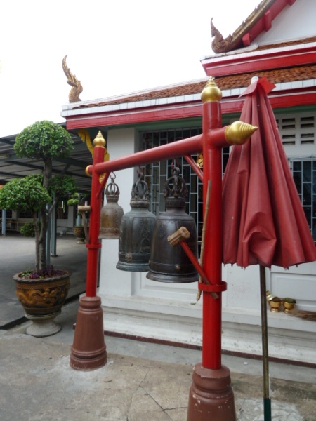 A set of three bells at Wat Chana Songkhram in Banglamphu, Bangkok, Thailand. A set of three bells at Wat Chana Songkhram in Banglamphu, Bangkok, Thailand.