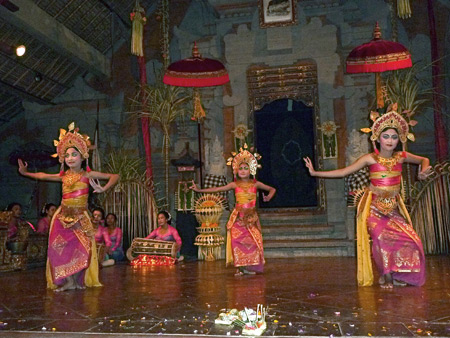 Mekar Sari performs the Nelayan dance at the Balerung in Peliatan, Bali, Indonesia.