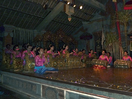 The Mekar Sari gamelan performs at the Balerung in Peliatan, Bali, Indonesia.