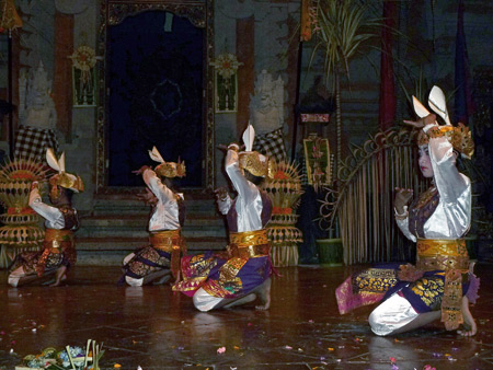 Mekar Sari performs the Kelinci dance at the Balerung in Peliatan, Bali, Indonesia.
