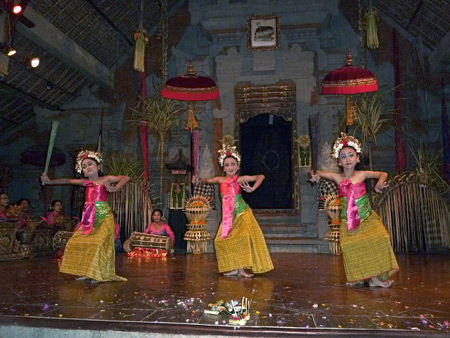 Mekar Sari performs the Kupu-Kupu Tarum dance at the Balerung in Peliatan, Bali, Indonesia.