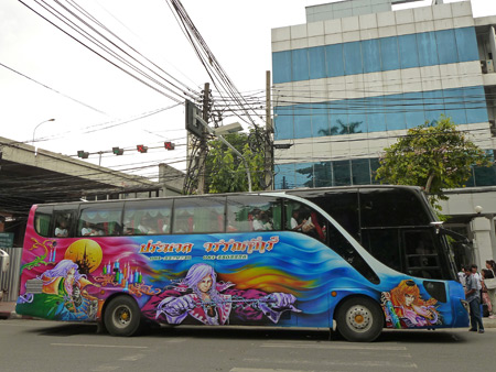 A typical crazy colorful bus in Banglamphu, Bangkok, Thailand.