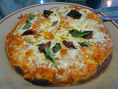 A yummy cheese pizza at the Blue Sky Cafe in Kolkata, India.
