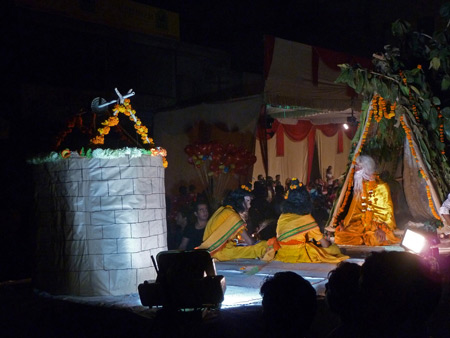 A parade float passes by during the Hindu Valmiki Jayanti festival on Desh Bandhu Gupta Road in Paharganj, Delhi, India.