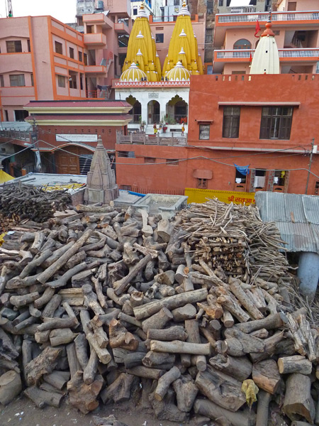 Massive piles of firewood for cremations at Manikarnika Ghat in Varanasi, India.