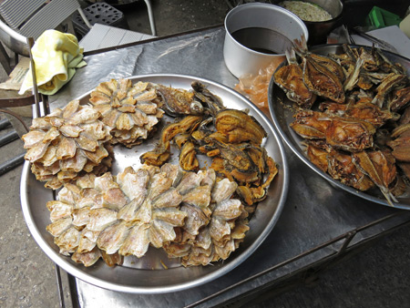 A food stall at a market in downtown Ayutthaya, Thailand.