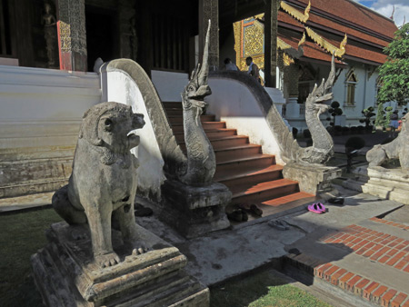 Dragons guard Wat Phra Singh in Chiang Mai, Thailand.