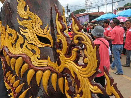 A close-up of a ghost mask in the parade at the Phi Ta Khon festival in Dan Sai, Thailand.