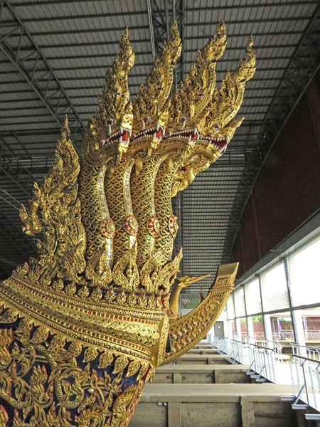 A seven-headed dragon adorns a barge at the National Museum of Royal Barges in Bangkok, Thailand.