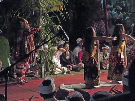 A dance performance as part of the Calonarang drama at Pura Desa in Ubud, Bali, Indonesia.