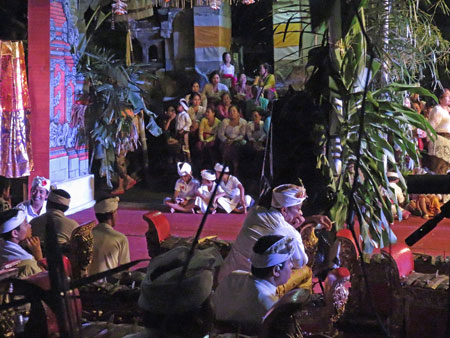 The performance space for a Calonarang drama at Pura Desa in Ubud, Bali, Indonesia.