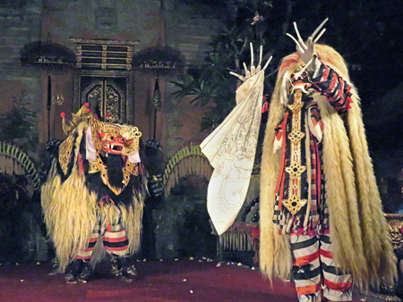Sekehe Gong Panca Artha performs the Sunda Upasunda dance at Ubud Palace in Ubud, Bali, Indonesia.