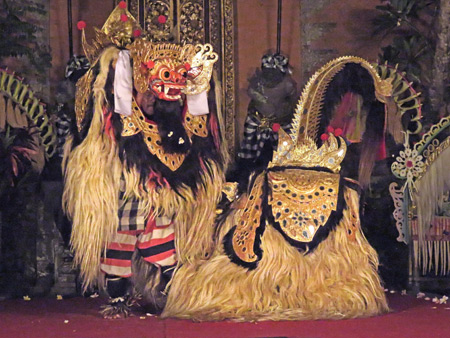 Sekehe Gong Panca Artha performs the Barong dance at Ubud Palace in Ubud, Bali, Indonesia.