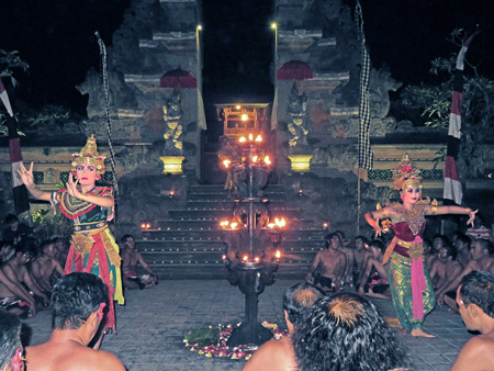 Desa Adat Sambahan performs the Kecak Dance at Pura Batu Karu in Ubud, Bali, Indonesia.