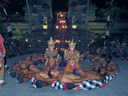 Desa Adat Sambahan performs the Kecak Dance at Pura Batu Karu in Ubud, Bali, Indonesia.