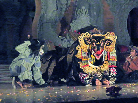 Sanggar Suwara Guna Kanti performs the Barong Waksira dance at Bale Banjar Ubud Kelod in Ubud, Bali, Indonesia.
