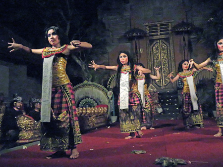Sekehe Gong Panca Artha performs the Ballet of Bimanlu dance at Ubud Palace in Ubud, Bali, Indonesia.