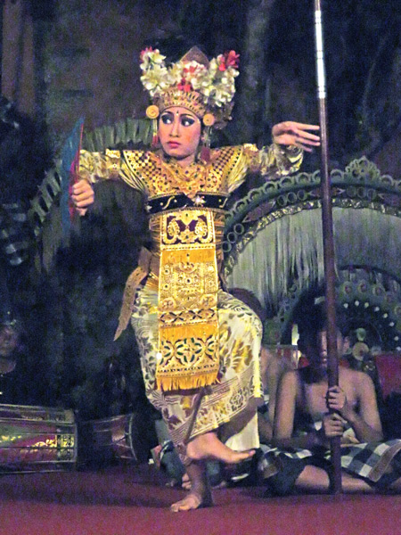 Sekehe Gong Panca Artha performs the Legong Trance dance at Ubud Palace in Ubud, Bali, Indonesia.
