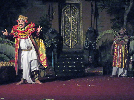 Sekehe Gong Panca Artha performs the Ballet of Bimanlu dance at Ubud Palace in Ubud, Bali, Indonesia.