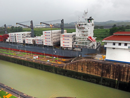 After being lowered, the Melchior Schulte passes through the Miraflores Locks of the Panama Canal just outside Panama City, Panama.