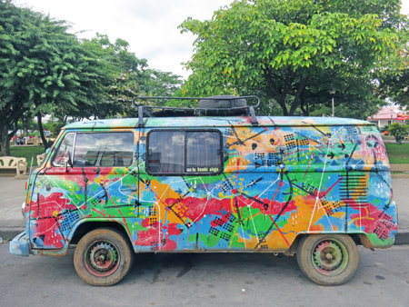 Some psychedelic map-inspired art on a van at town square in Liberia, Costa Rica.