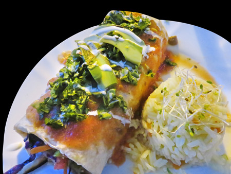 A gourmet wet veggie burrito at Candelitas in Valladolid, Mexico.
