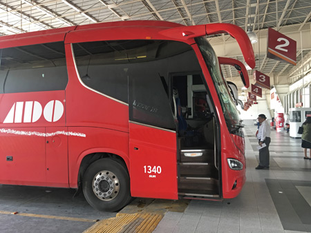An ADO bus arrives at the Came terminal in Merida from Valladolid, Mexico.
