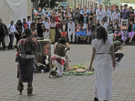 A ritual dance and music performance at the Zocalo in Oaxaca City, Mexico.