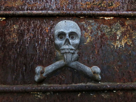 A death's head on the door of a crypt at the Cementerio de la Recoleta in Buenos Aires, Argentina.