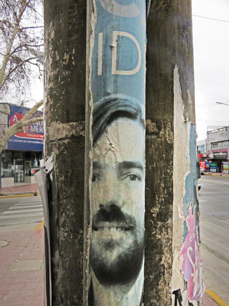 A flyer on a skinny pole right in front of a fat pole in Mendoza, Argentina.