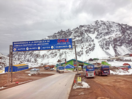 Welcome to Chile. The immigration checkpoint in the Andes mountains on the border between Argentina and Chile.
