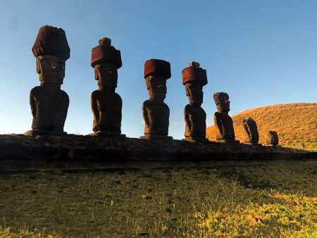 A row of seven Moai at Ahu Nau Nau, Rapa Nui, Chile.