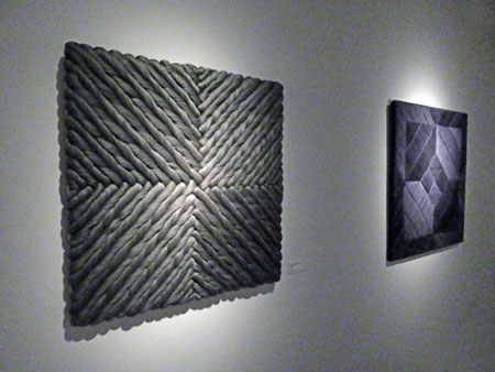 Convergencia Pizzara (1996) and Caleidoscopio Indigo (1983) by Sheila Hicks at the Museo Chileno de Arte Precolombino in Santiago, Chile.