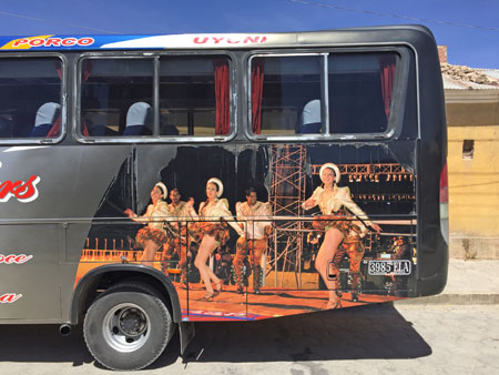 A bus for a Caporales dance group in Uyuni, Bolivia.