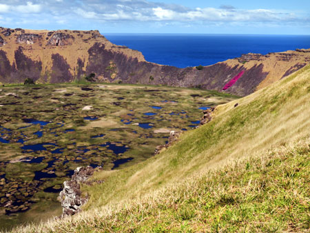 Another view of the Rano Kau volcano crater near Hanga Roa, Rapa Nui, Chile.