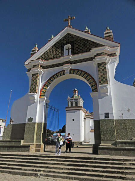 The main entrance to the Basilica de Nuestra Señora de Copacabana in Copacabana, Bolivia.