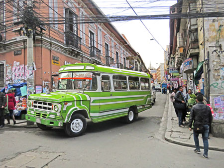 The old green bus is always on time in La Paz, Bolivia.