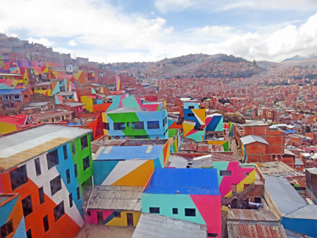 A color-striped neighborhood high up on a hill in La Paz, Bolivia.